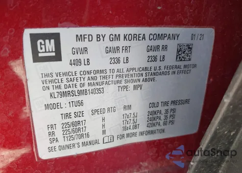 2021 Chevrolet Trailblazer Awd Lt из США, поврежденный, VIN KL79MRSL9MB140353